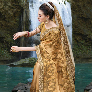 Beige Embroidered Georgette Saree - Peachmode