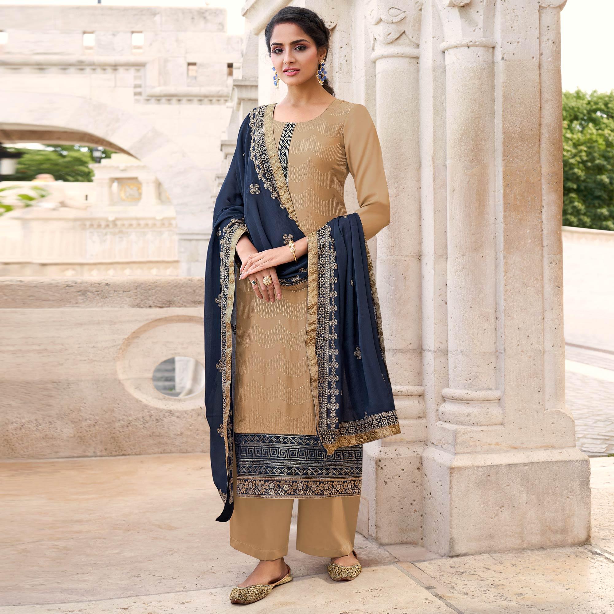 Beige Embroidered Georgette Suit - Peachmode