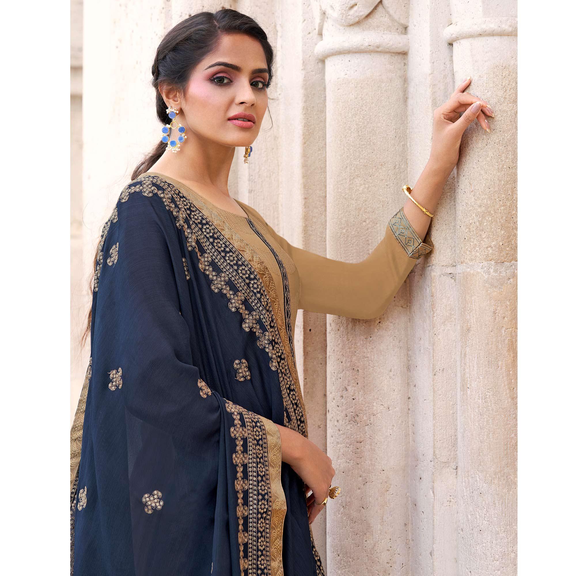 Beige Embroidered Georgette Suit - Peachmode