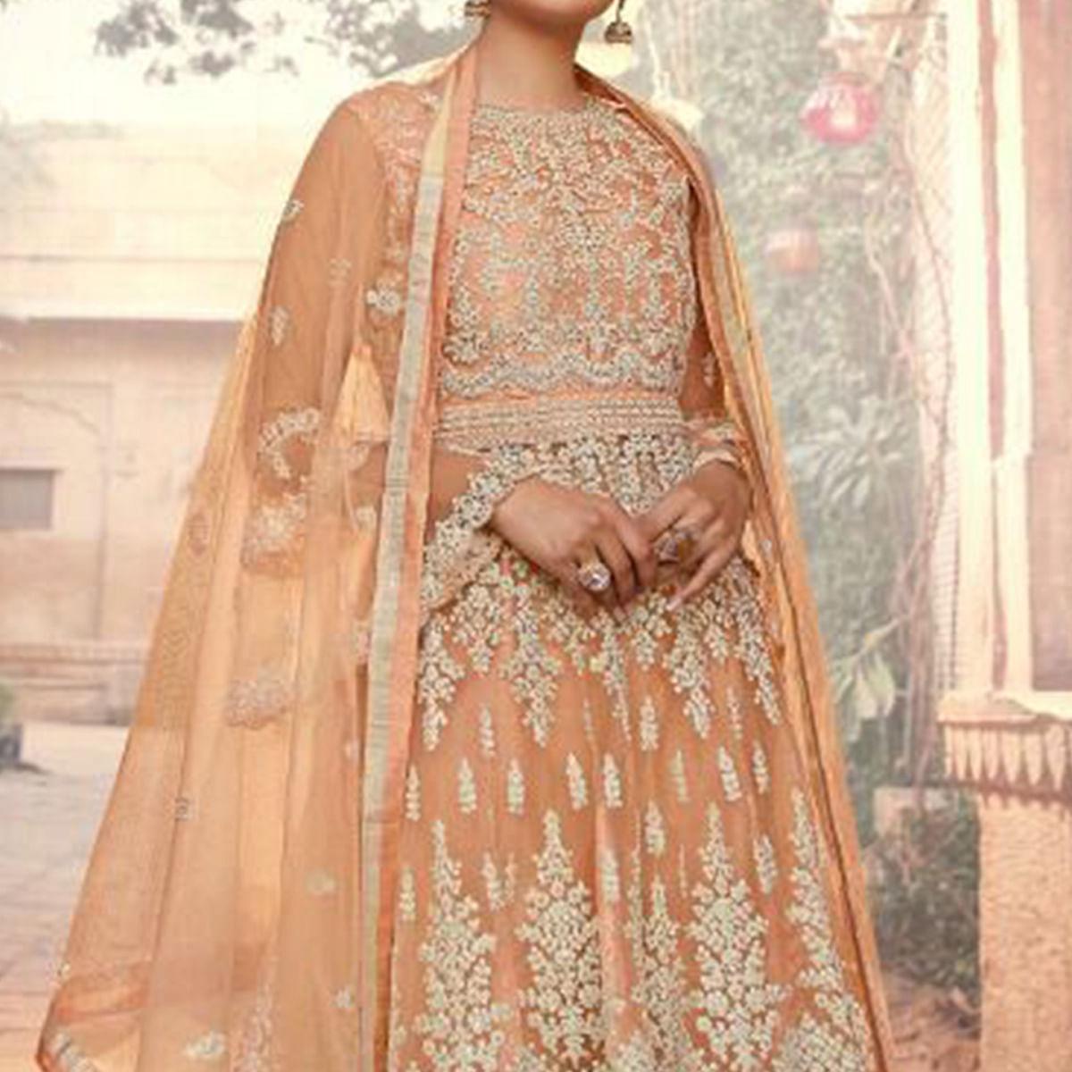 Beige Embroidered Netted Sharara Suit - Peachmode
