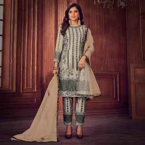 Beige Embroidered Netted Suit - Peachmode