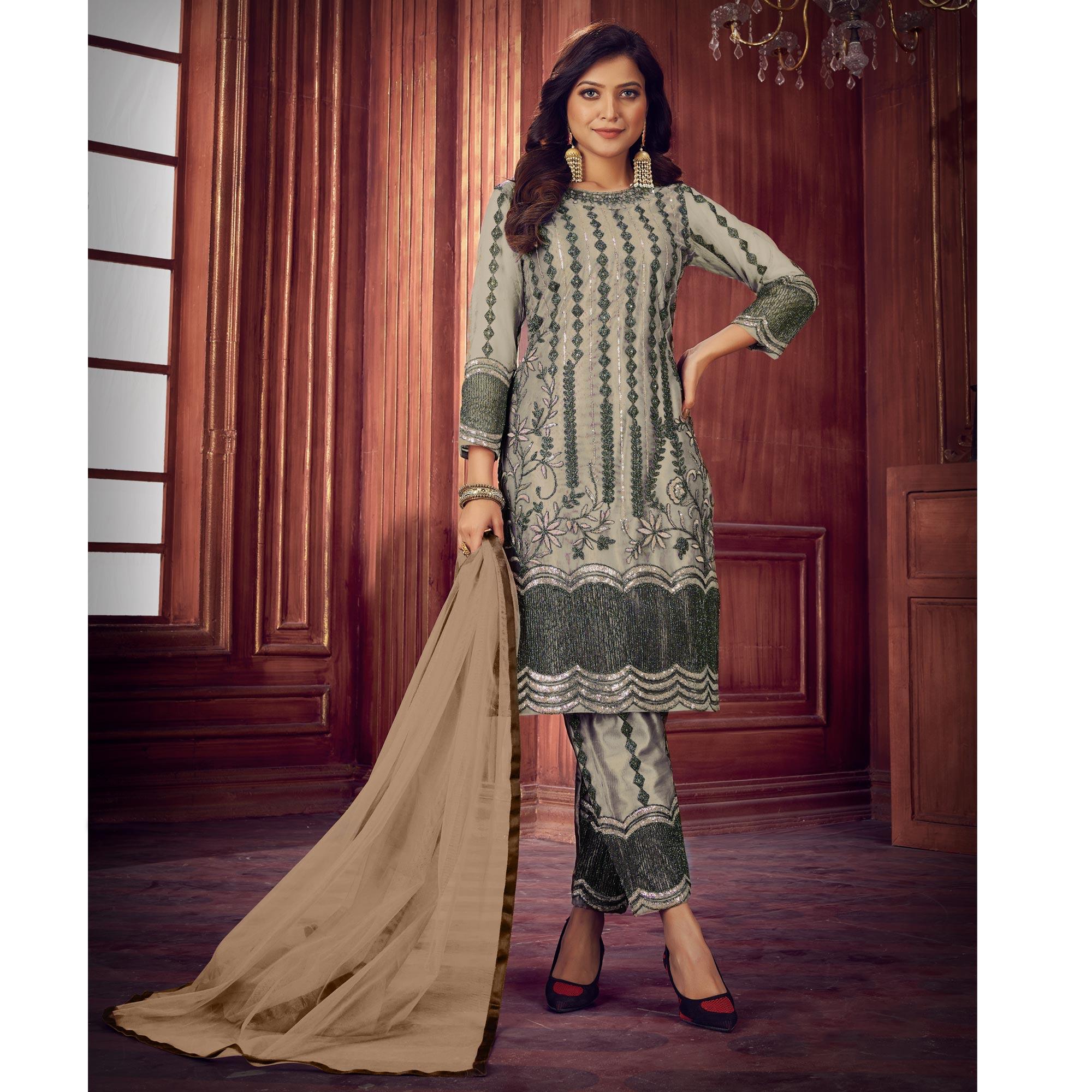 Beige Embroidered Netted Suit - Peachmode