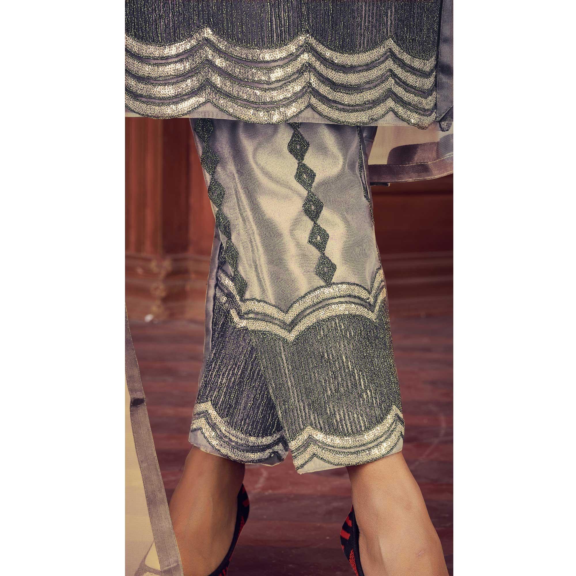 Beige Embroidered Netted Suit - Peachmode