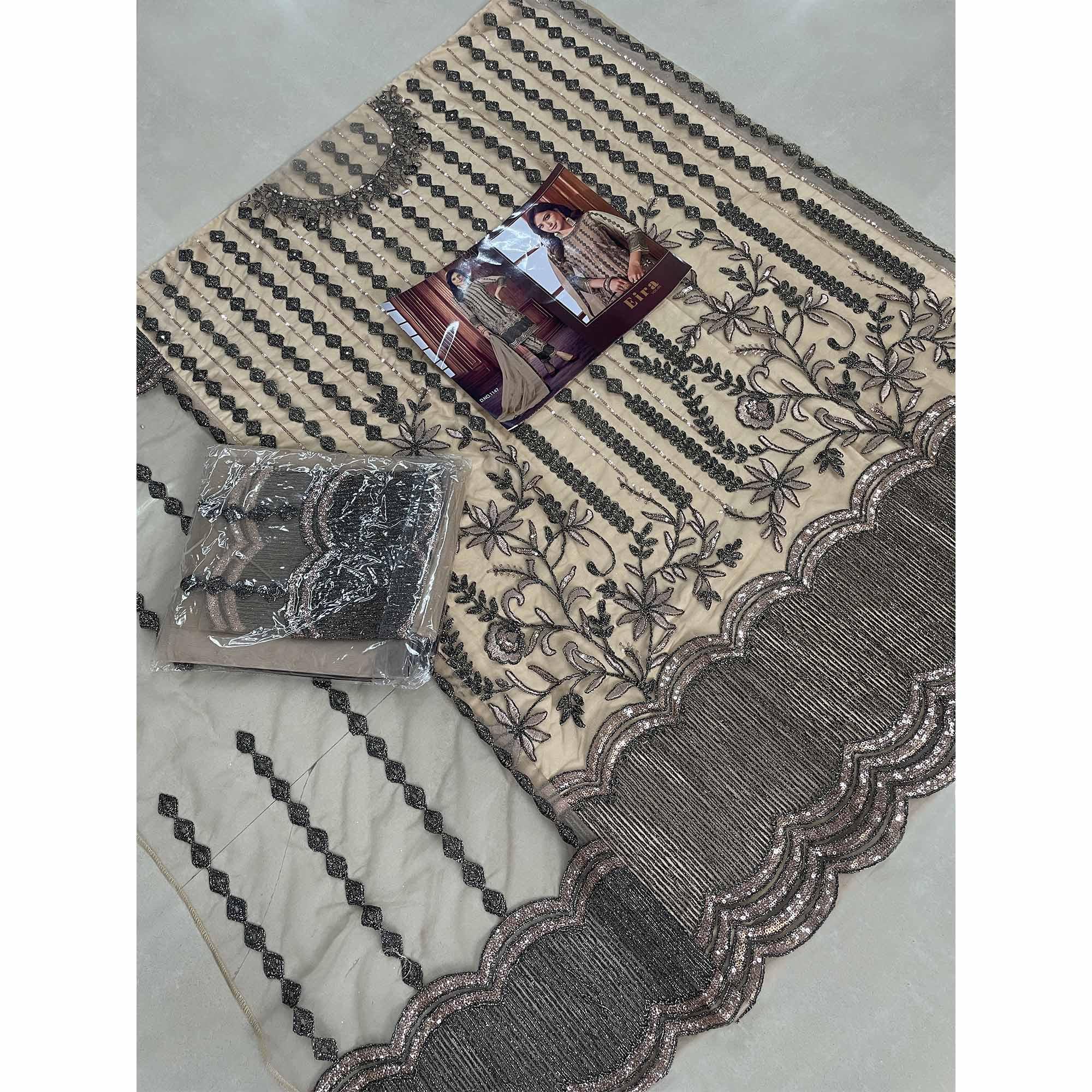 Beige Embroidered Netted Suit - Peachmode