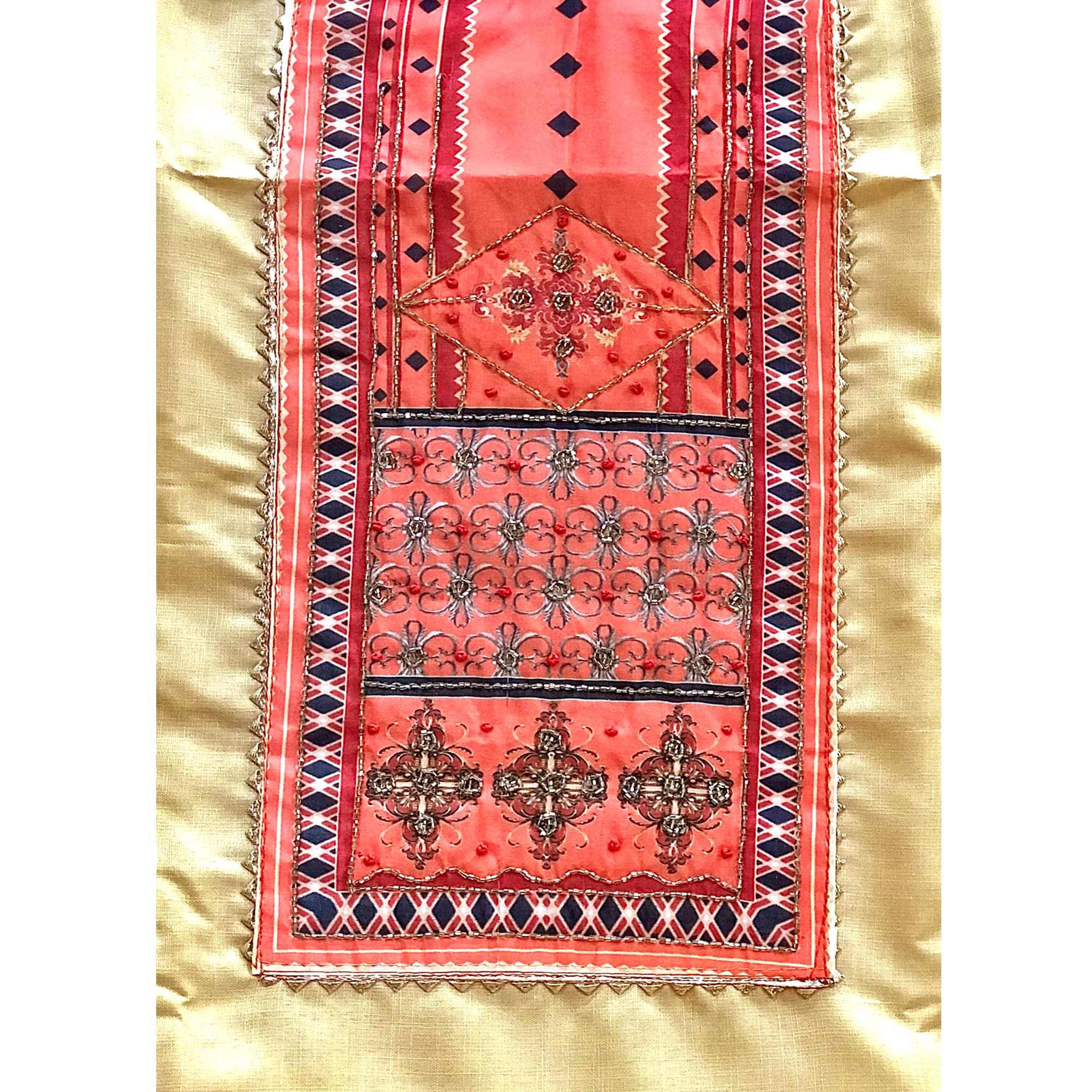 Beige Embroidered Poly Cotton Dress Material - Peachmode