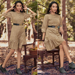 Beige Embroidered Rayon Dress With Belt - Peachmode