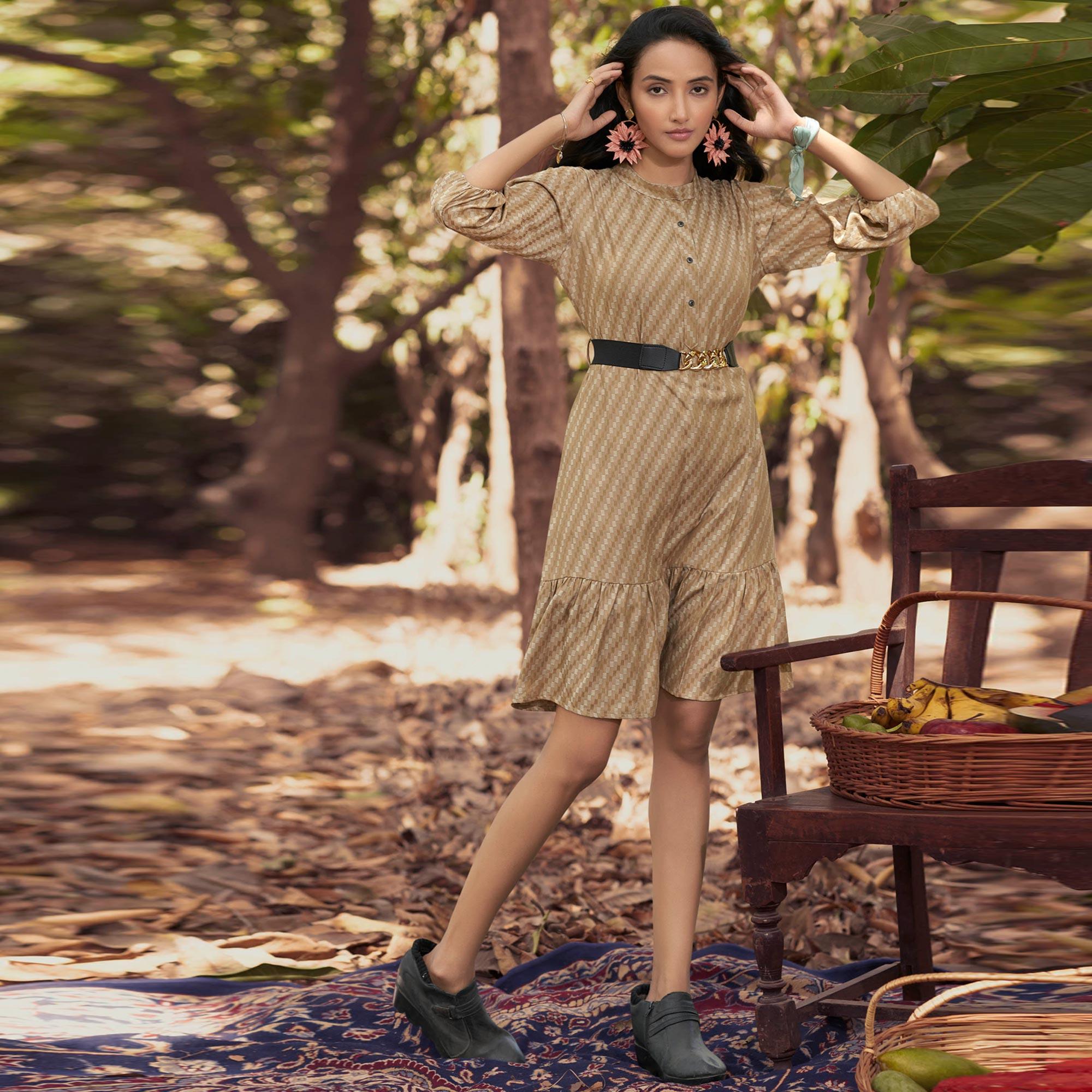 Beige Embroidered Rayon Dress With Belt - Peachmode