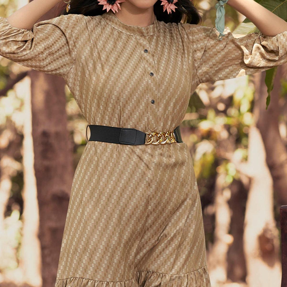 Beige Embroidered Rayon Dress With Belt - Peachmode