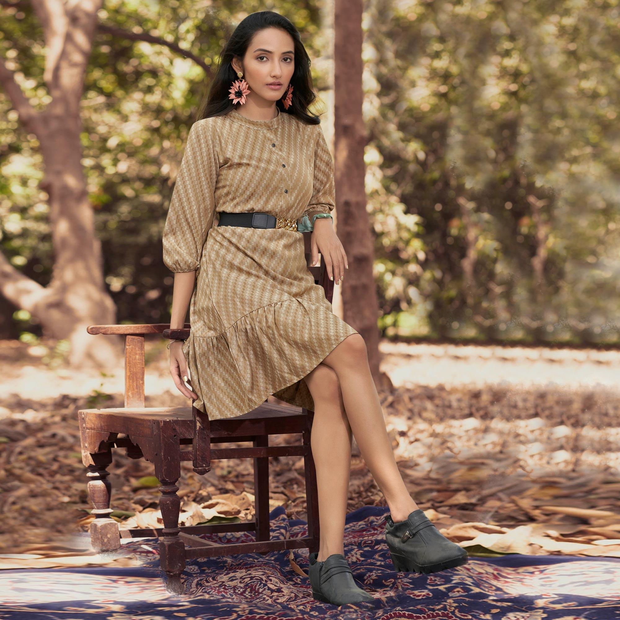 Beige Embroidered Rayon Dress With Belt - Peachmode