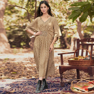 Beige Embroidered Rayon Kaftan - Peachmode