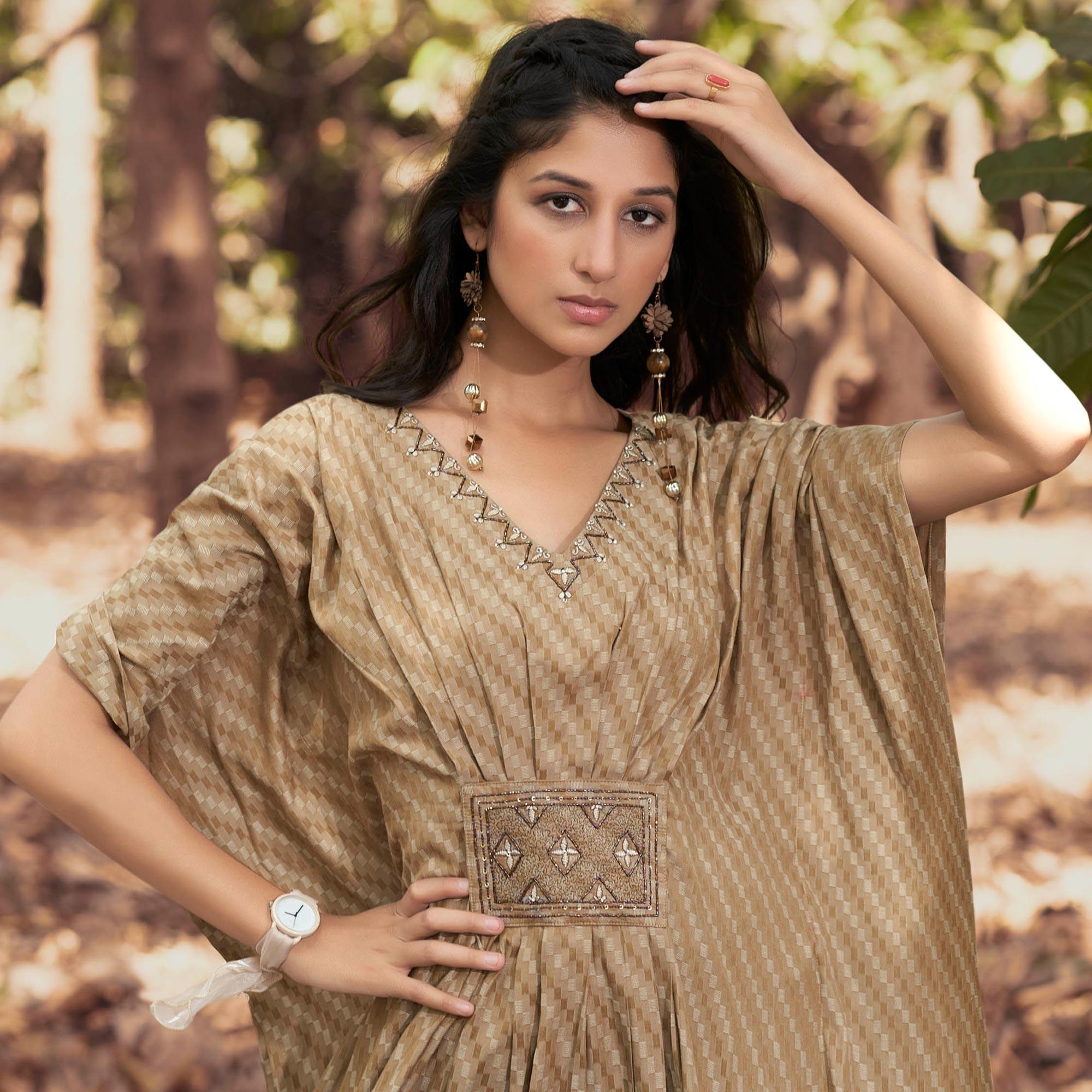 Beige Embroidered Rayon Kaftan - Peachmode