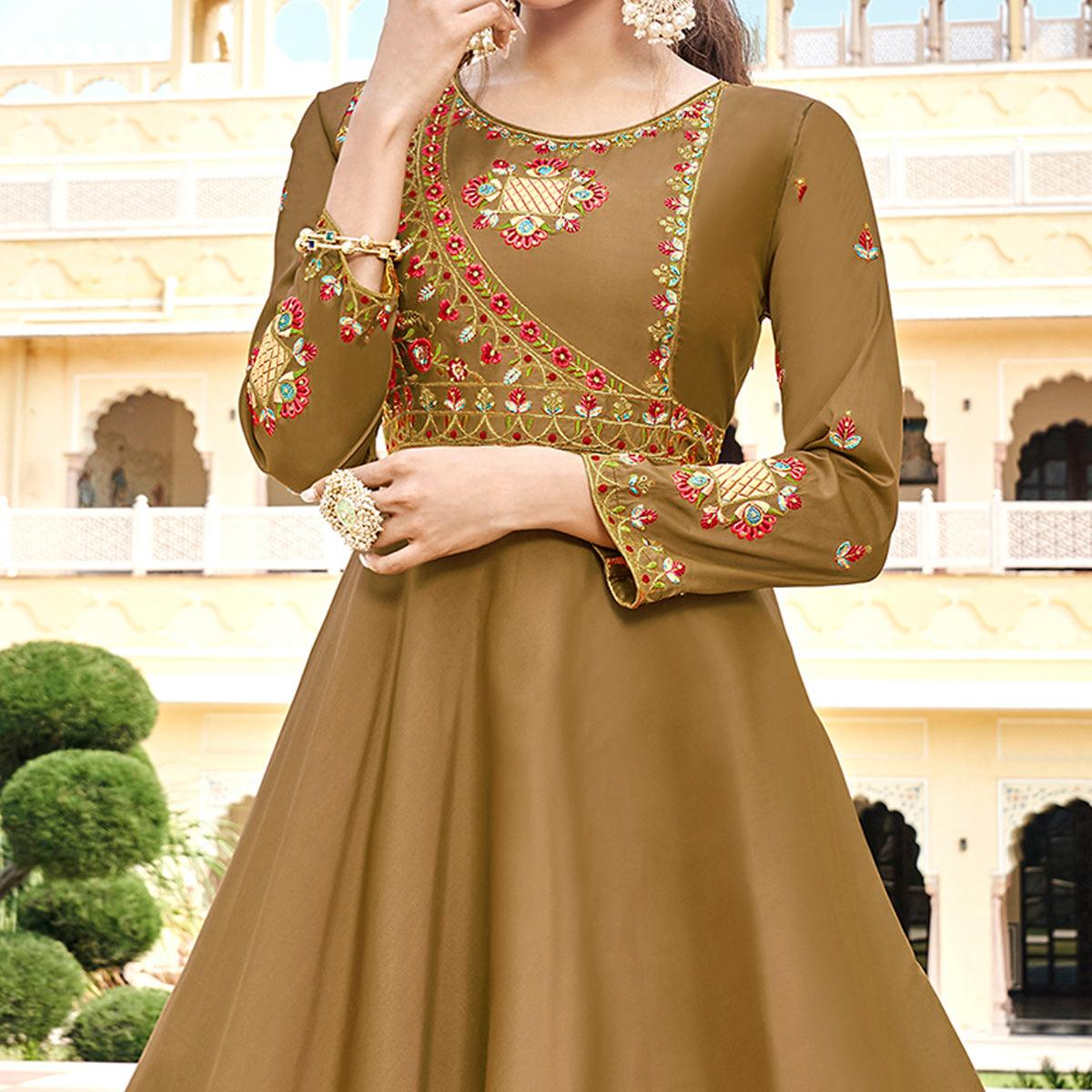 Beige Embroidered Tapetta Silk Gown - Peachmode
