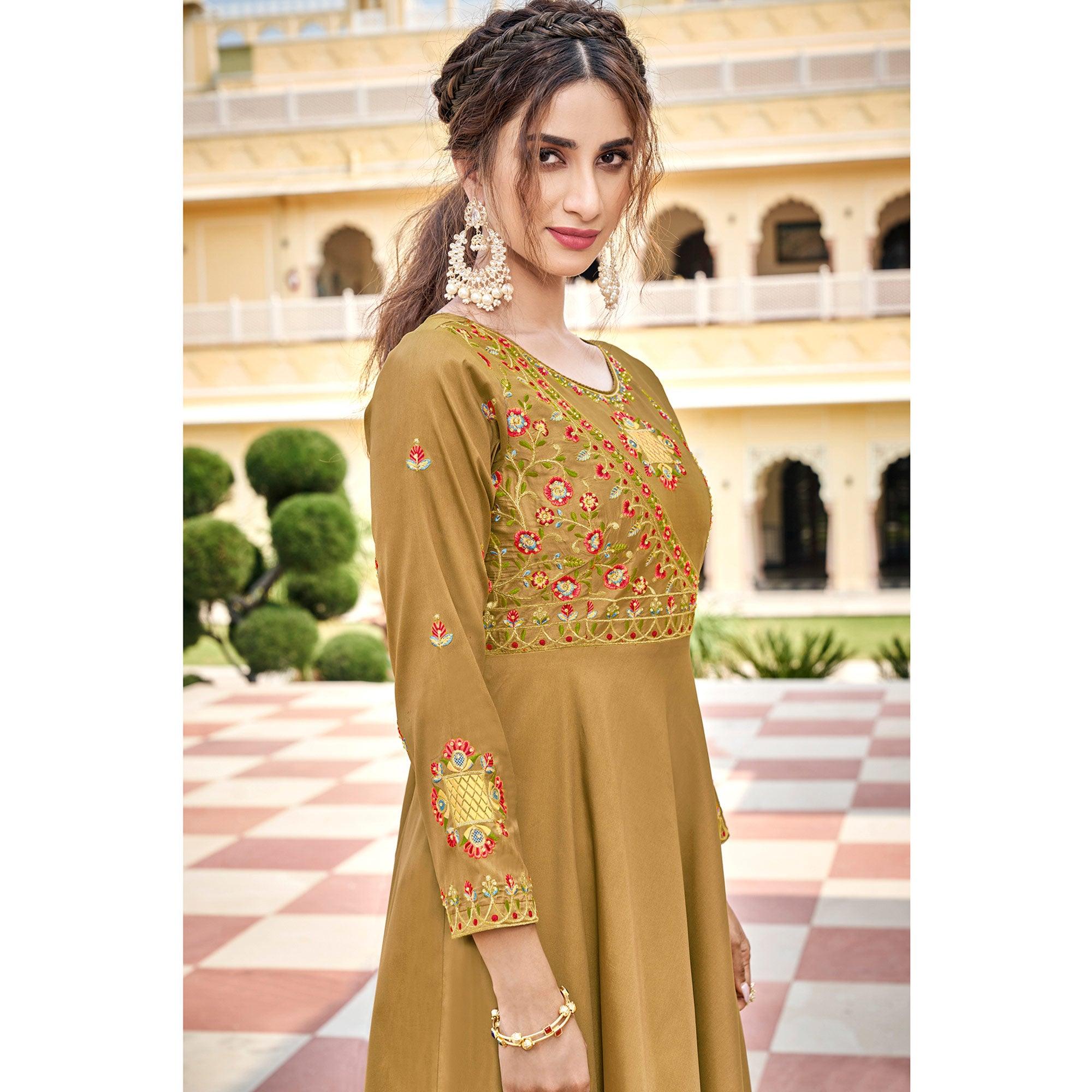 Beige Embroidered Tapetta Silk Gown - Peachmode