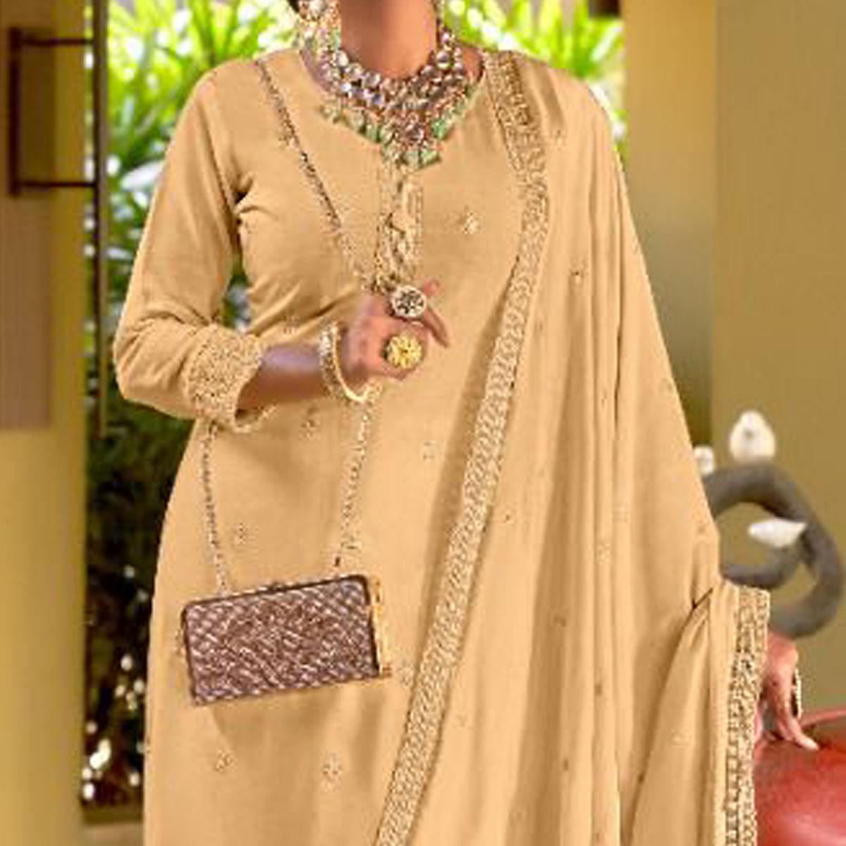 Beige Embroidered Viscose Suit - Peachmode