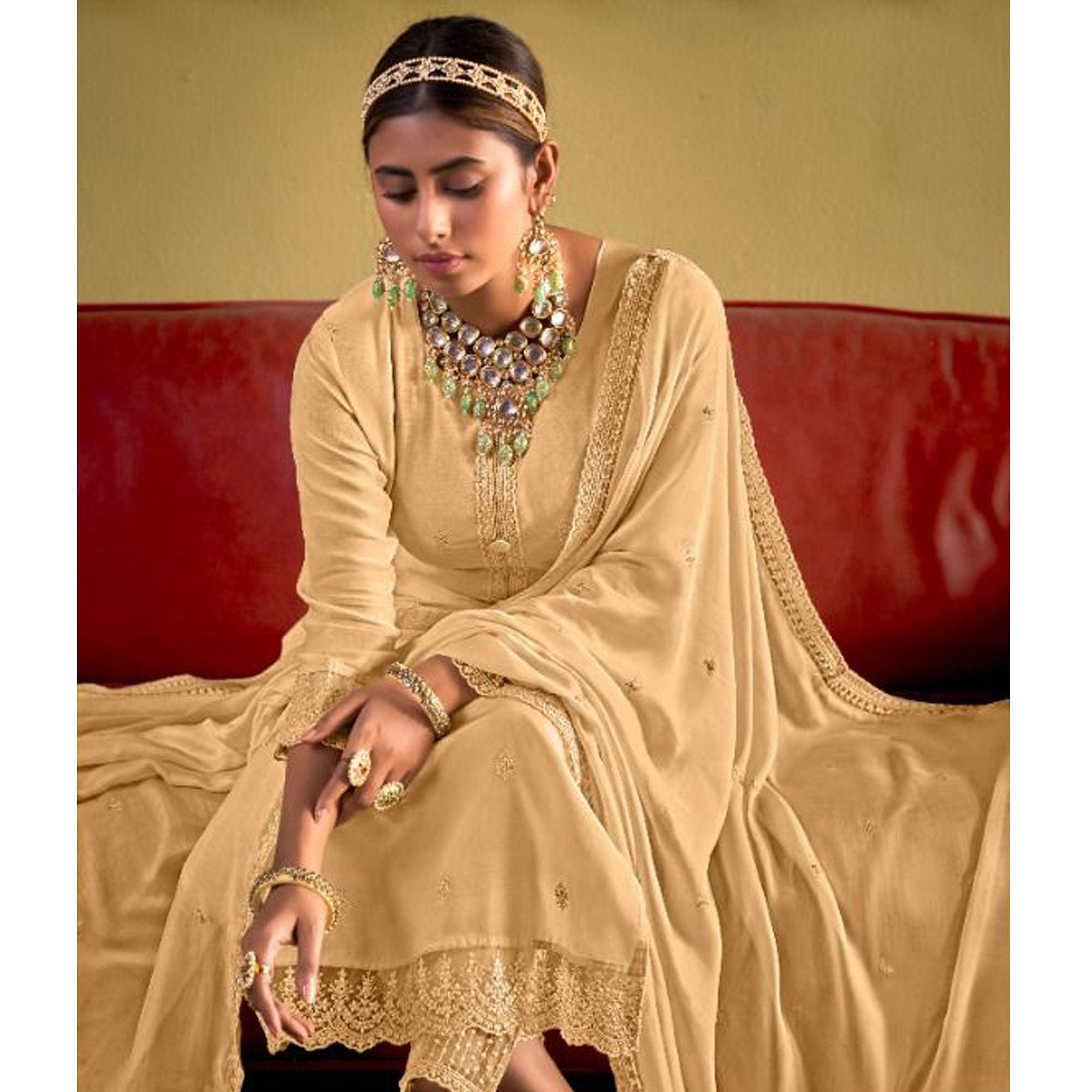 Beige Embroidered Viscose Suit - Peachmode