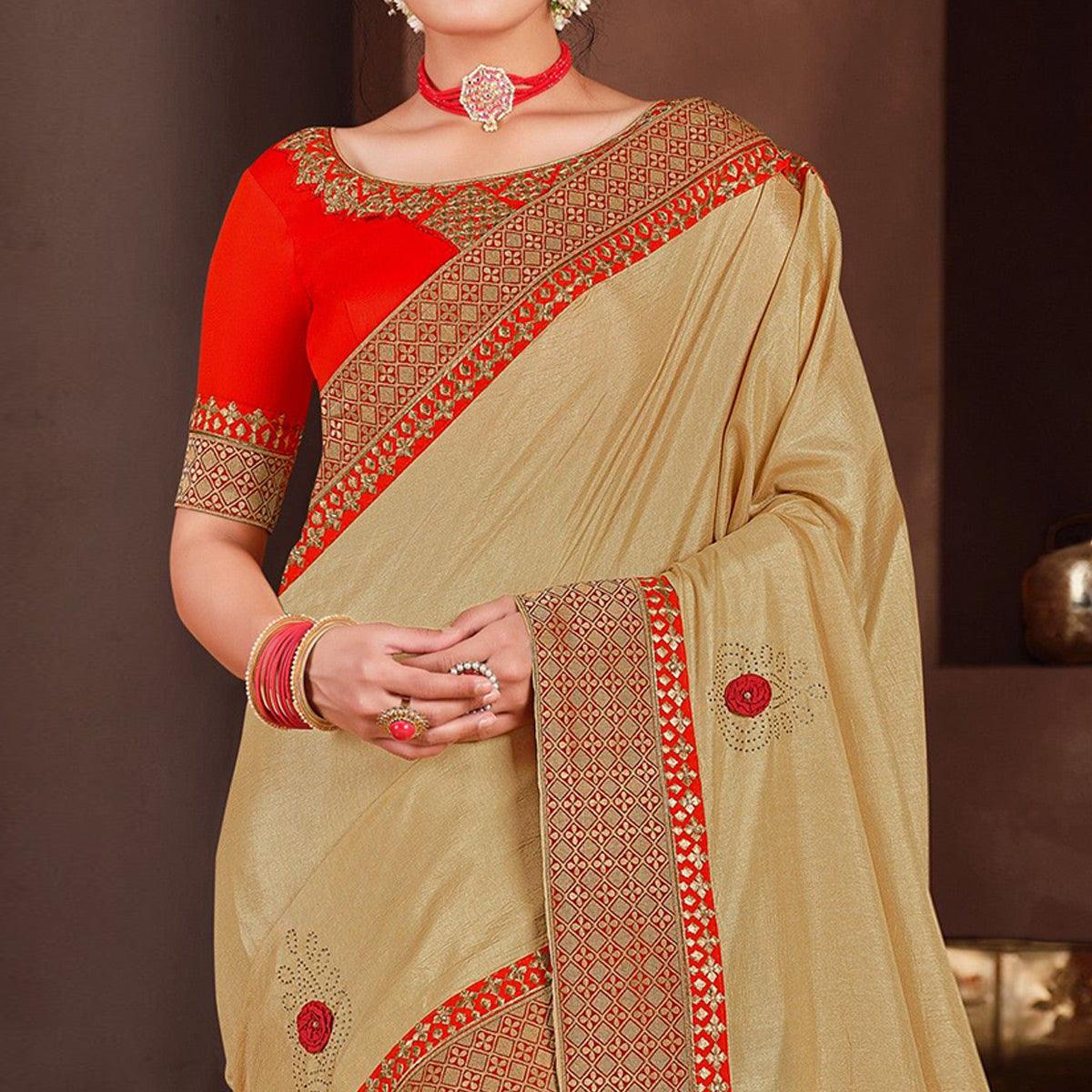 Beige Embroidered With Embellished Art Silk Saree - Peachmode