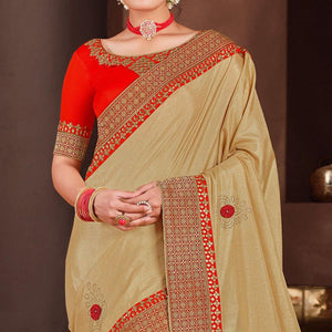 Beige Embroidered With Embellished Art Silk Saree - Peachmode