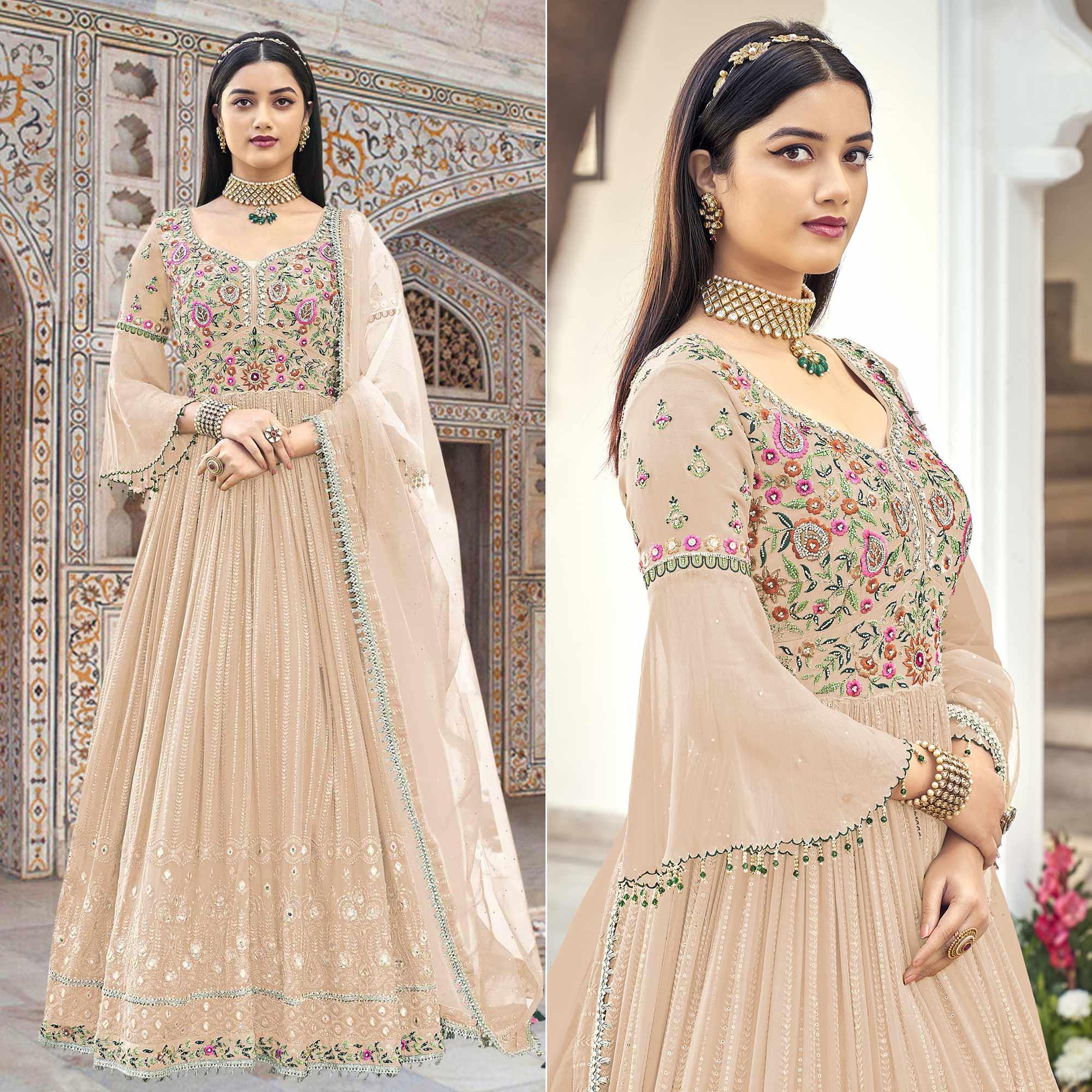 Beige Embroidered With Embellished Georgette Anarkali Style Gown - Peachmode