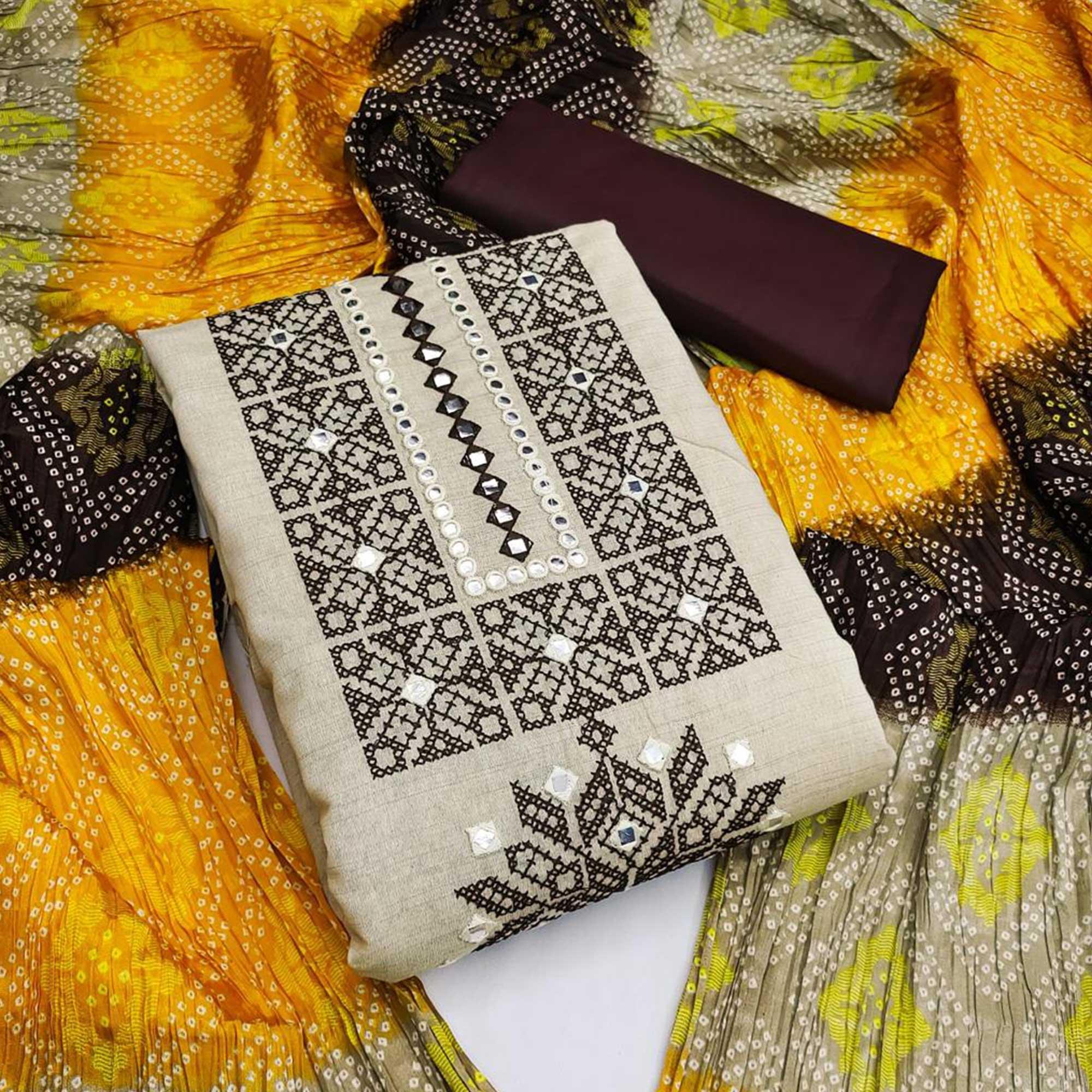 Beige Embroidered With Embellished Khaadi Dress Material - Peachmode