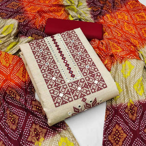 Beige Embroidered With Embellished Khaadi Dress Material - Peachmode