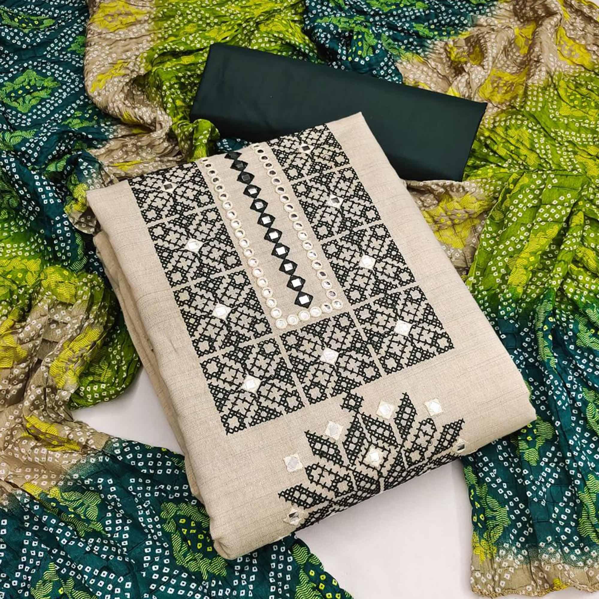 Beige Embroidered With Embellished Khaadi Dress Material - Peachmode