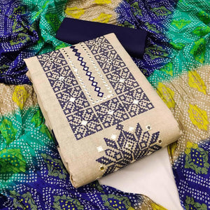 Beige Embroidered With Embellished Khaadi Dress Material - Peachmode