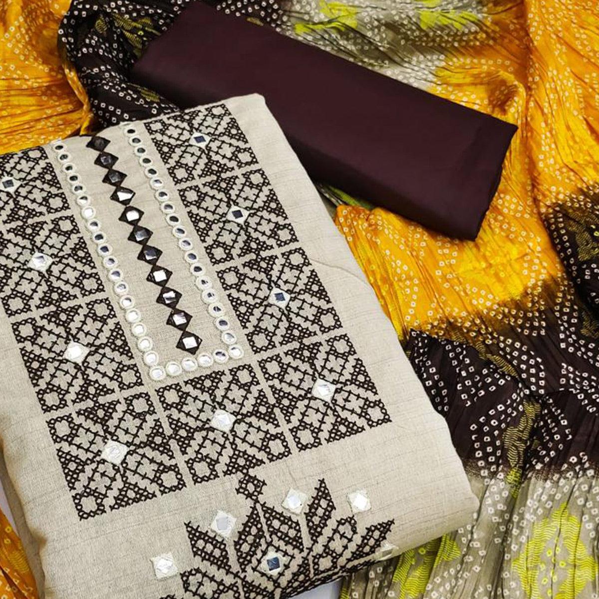 Beige Embroidered With Embellished Khaadi Dress Material - Peachmode