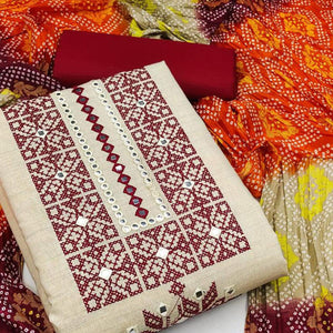 Beige Embroidered With Embellished Khaadi Dress Material - Peachmode