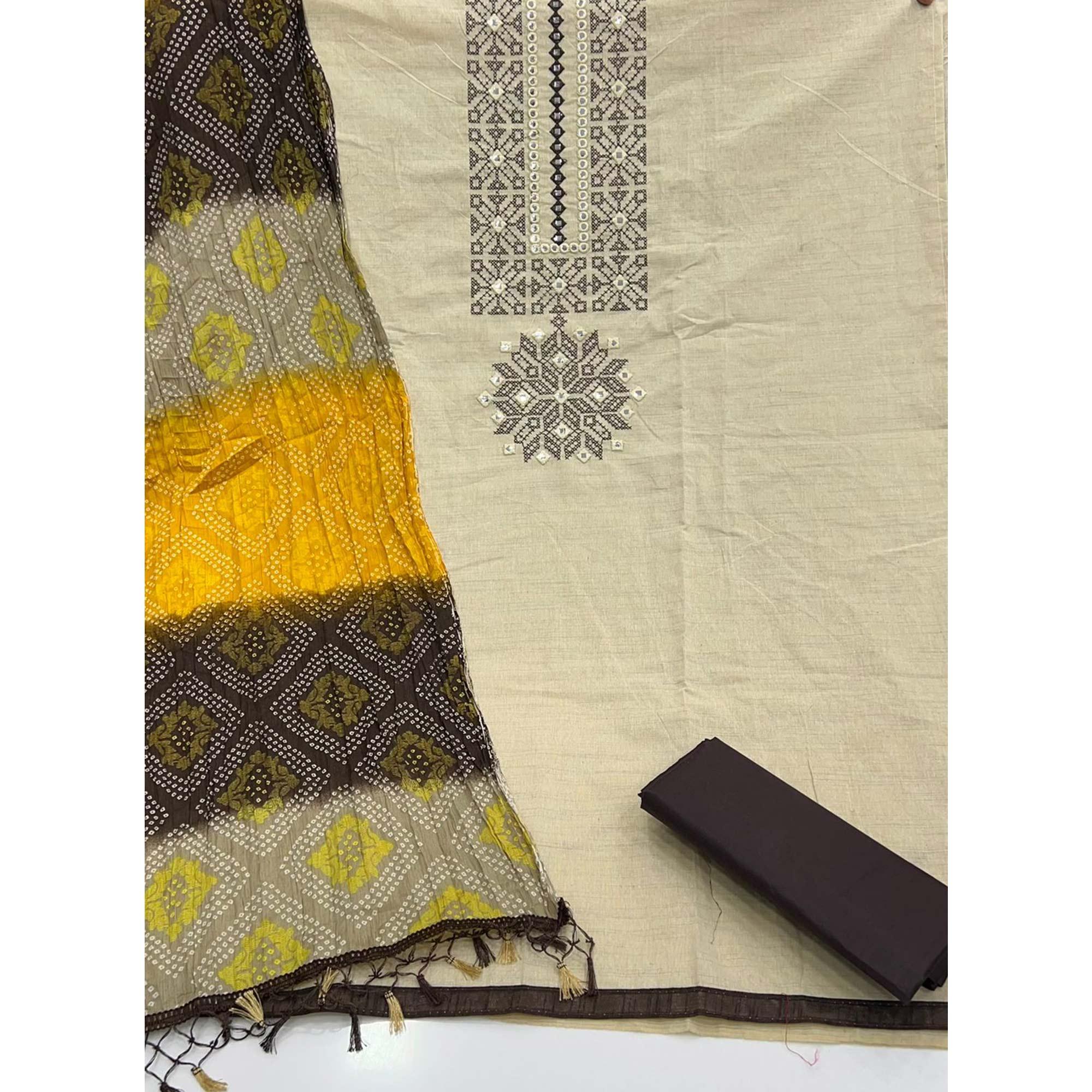 Beige Embroidered With Embellished Khaadi Dress Material - Peachmode