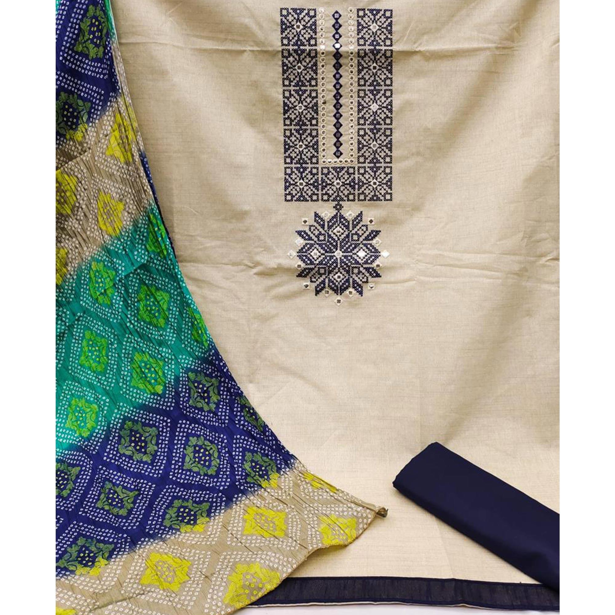 Beige Embroidered With Embellished Khaadi Dress Material - Peachmode