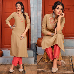 Beige Embroidered With Embellished Rayon Kurti Pant Set - Peachmode