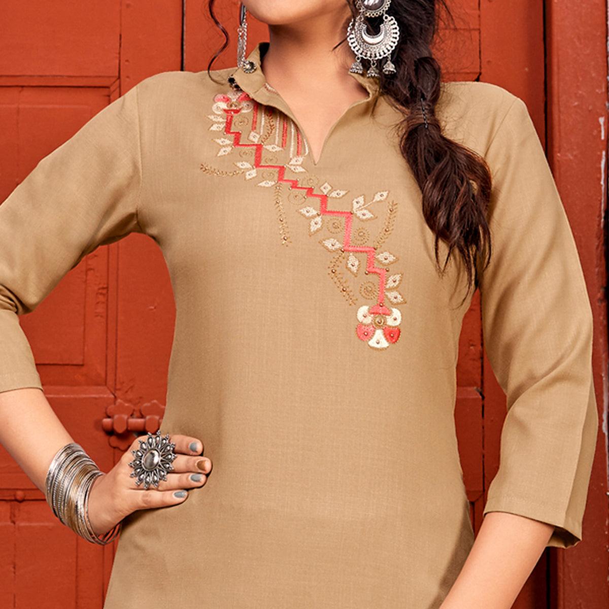 Beige Embroidered With Embellished Rayon Kurti Pant Set - Peachmode