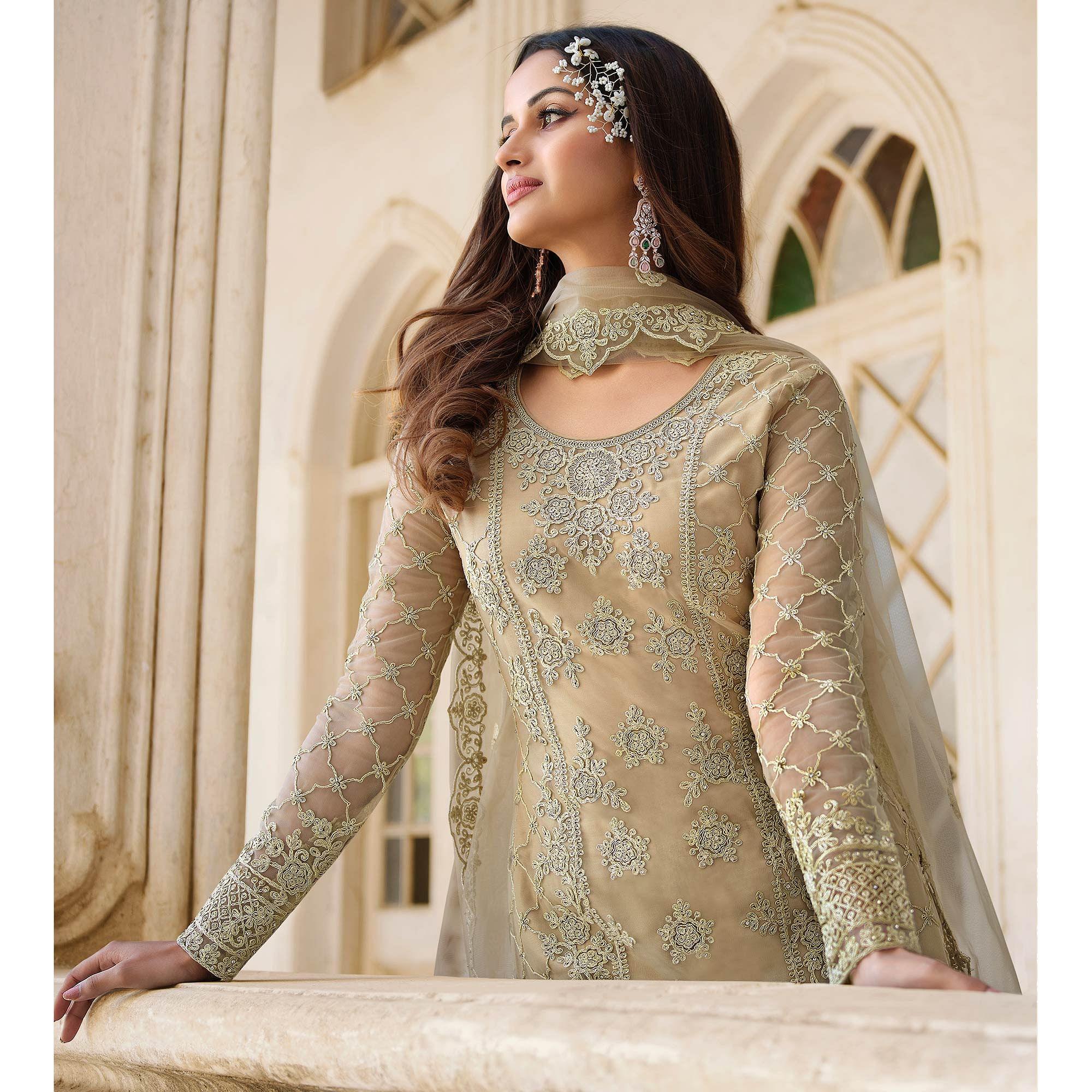 Beige Embroidery With Embellished Net Partywear Suit - Peachmode