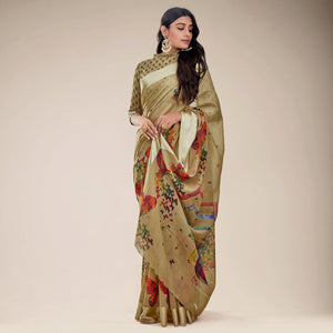 Beige Festive Wear Abstract Floral Printed Designer Handloom Cotton Saree - Peachmode