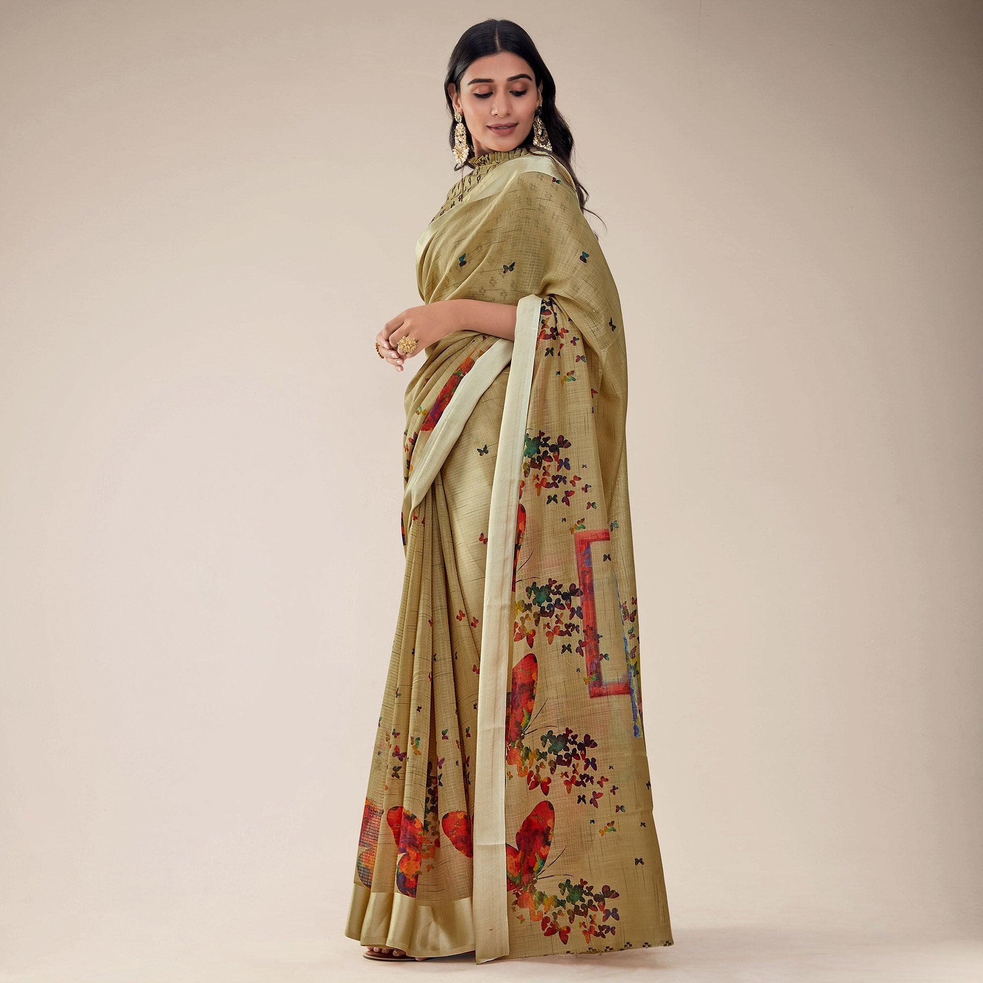 Beige Festive Wear Abstract Floral Printed Designer Handloom Cotton Saree - Peachmode