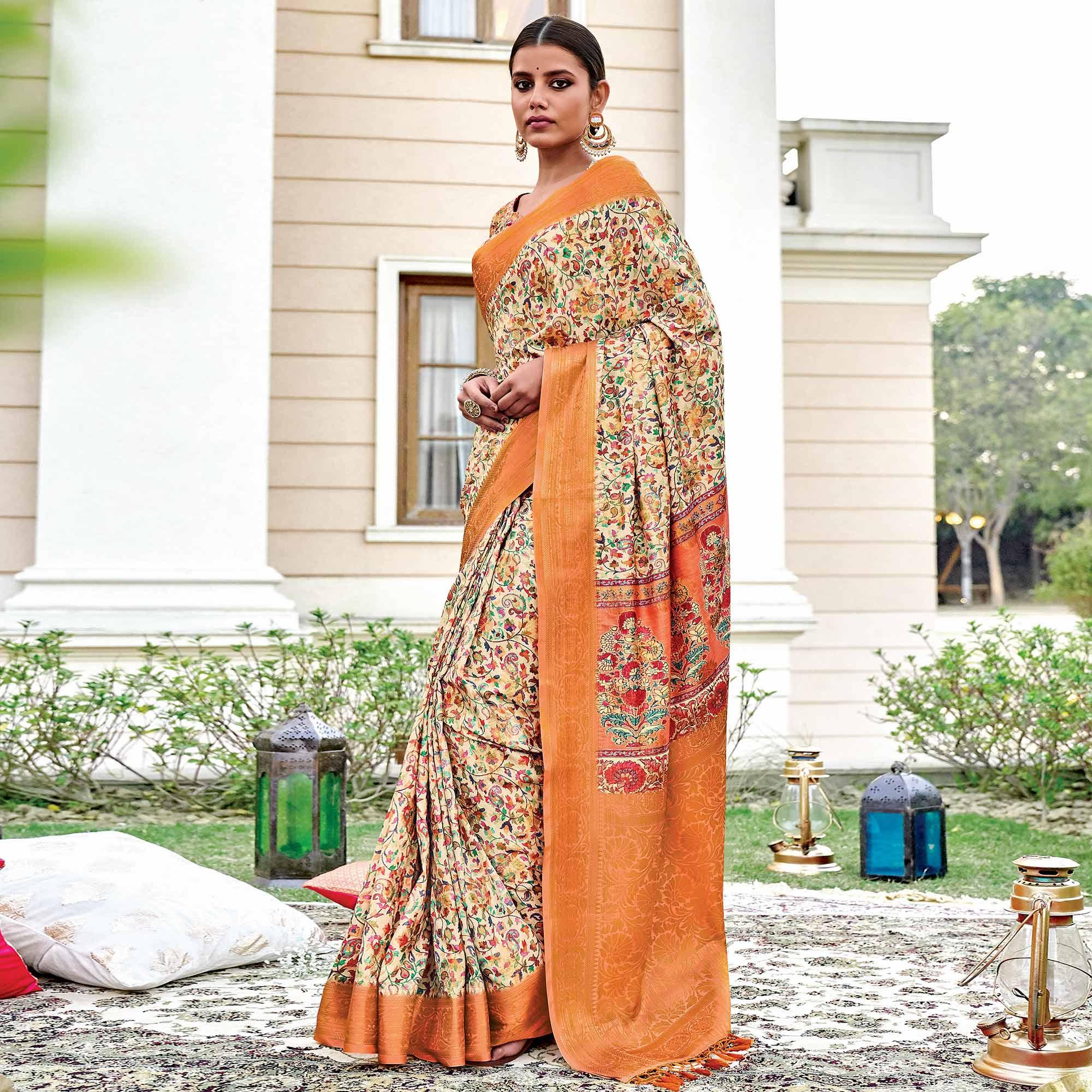 Beige Festive Wear Digital Printed Woven Silk Saree - Peachmode