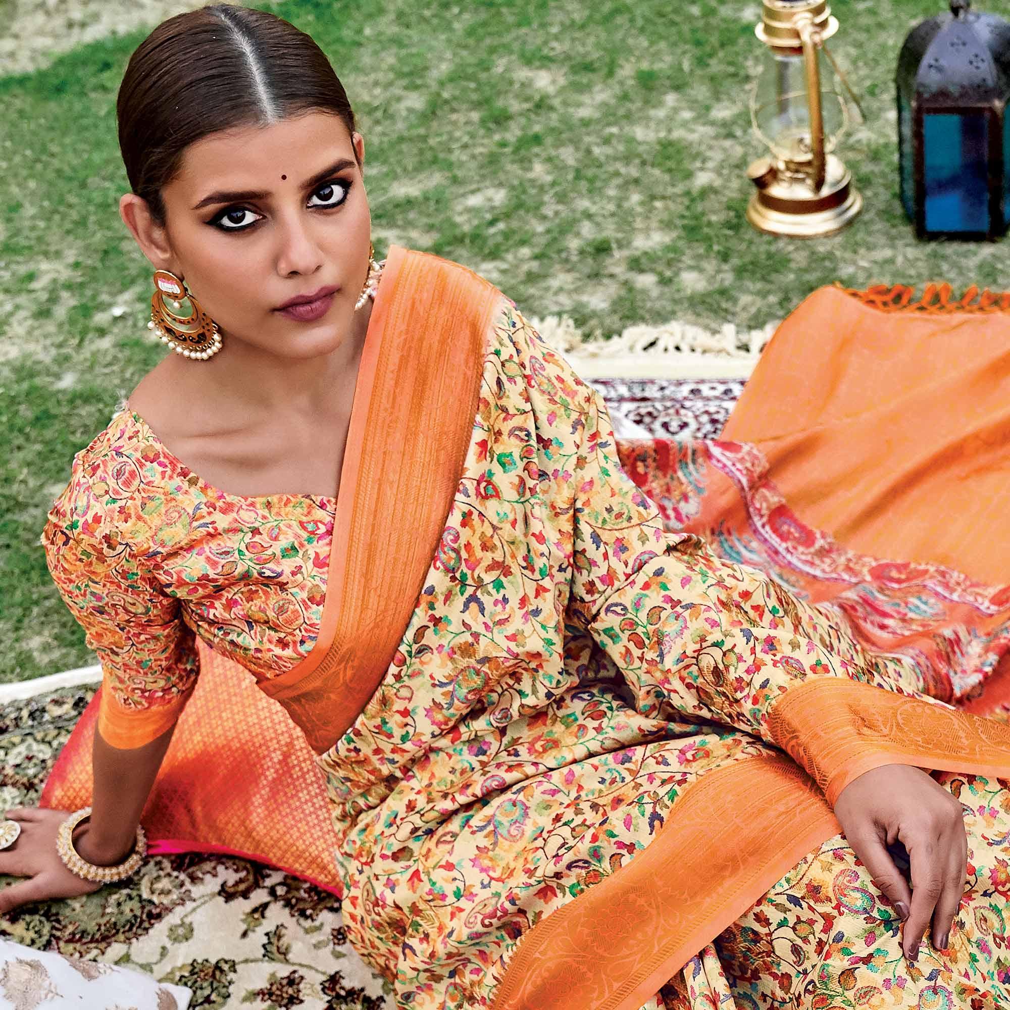 Beige Festive Wear Digital Printed Woven Silk Saree - Peachmode