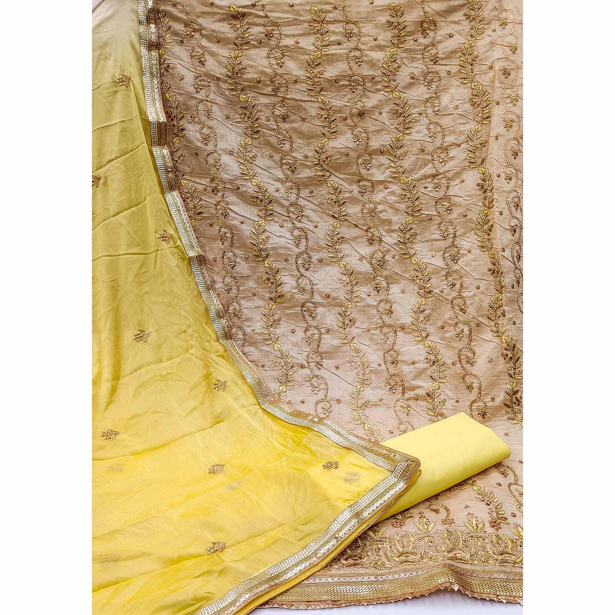 Beige Festive Wear Embellished With Embroidery Chanderi Dress Material - Peachmode