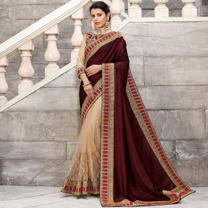 Beige Festive Wear Embroidered Art Silk Saree - Peachmode