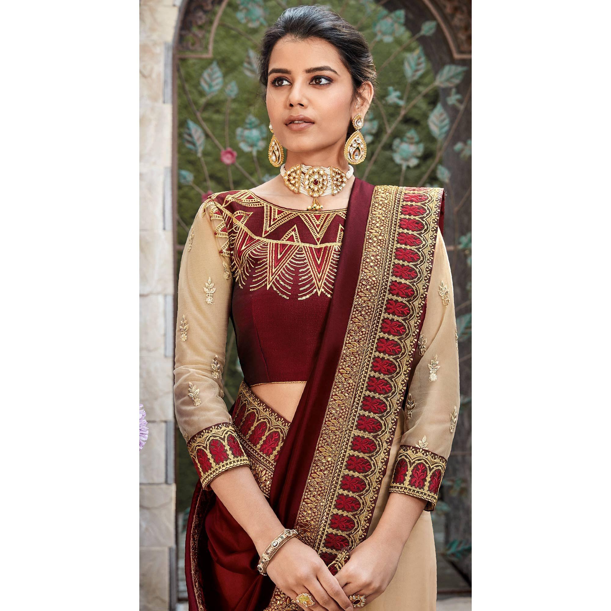 Beige Festive Wear Embroidered Art Silk Saree - Peachmode