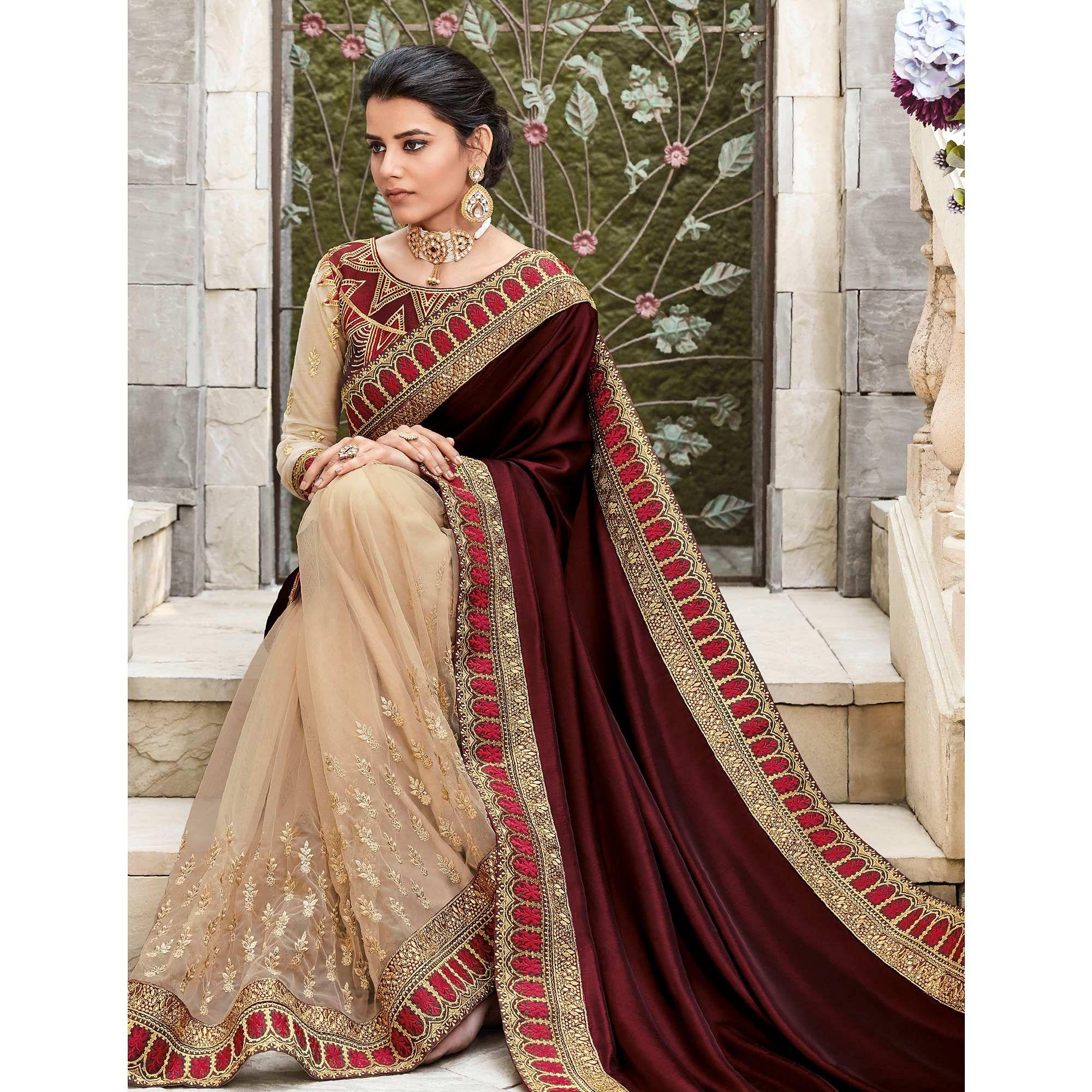 Beige Festive Wear Embroidered Art Silk Saree - Peachmode