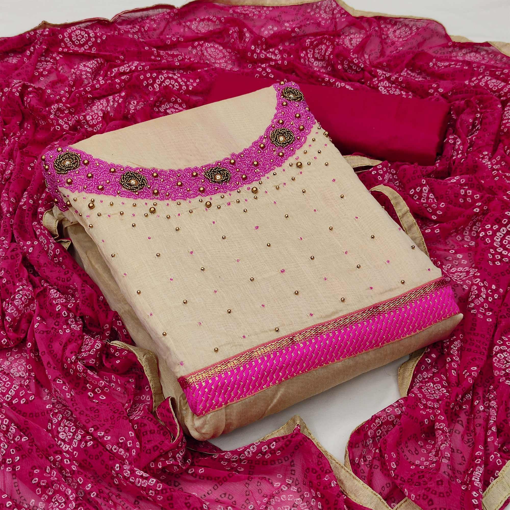 Beige Festive Wear Embroidered Cotton Dress Material - Peachmode