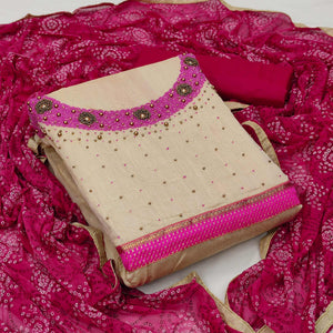 Beige Festive Wear Embroidered Cotton Dress Material - Peachmode