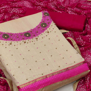 Beige Festive Wear Embroidered Cotton Dress Material - Peachmode