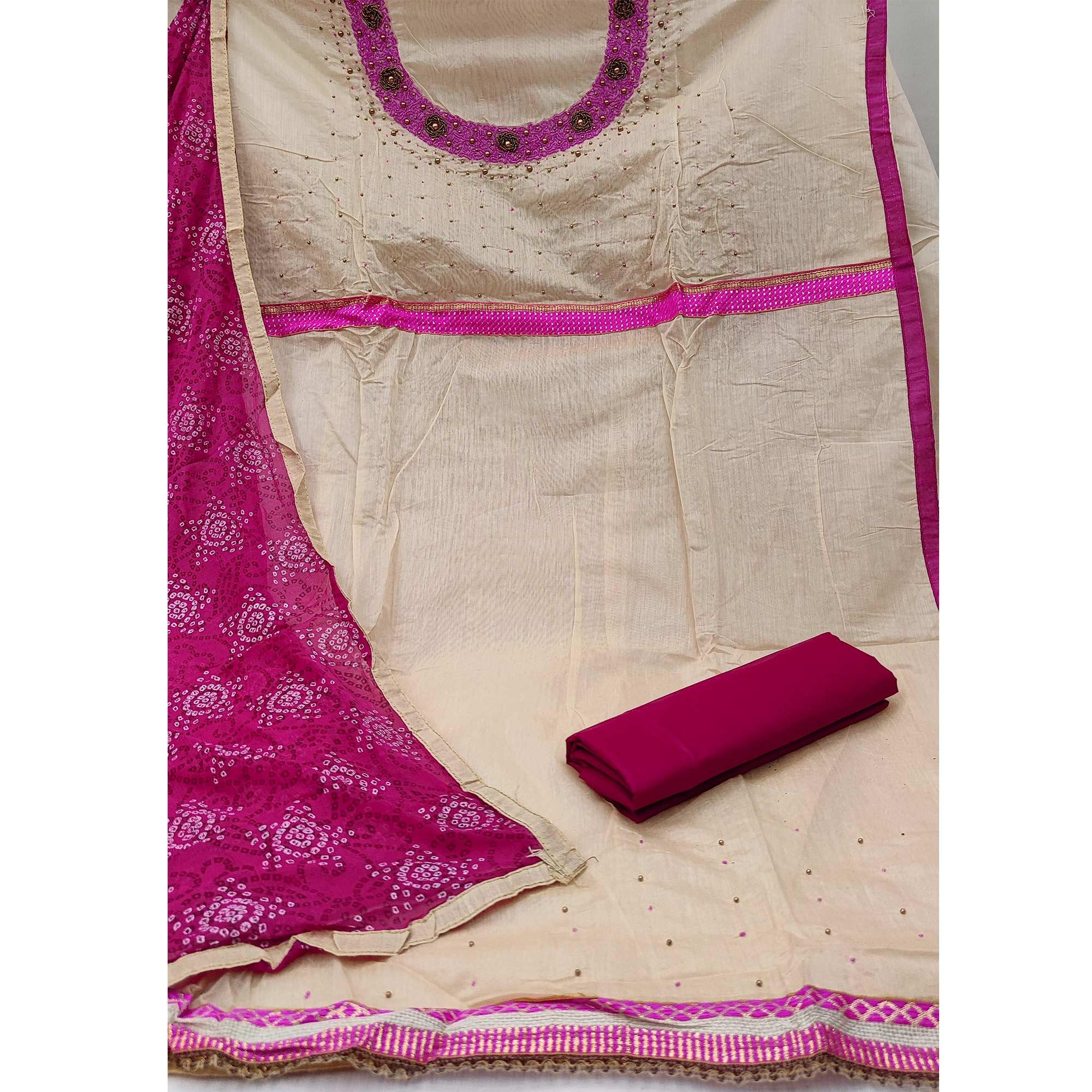 Beige Festive Wear Embroidered Cotton Dress Material - Peachmode