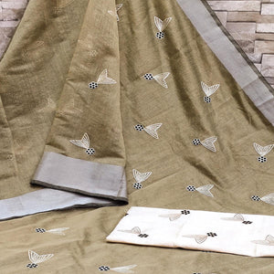 Beige Festive Wear Embroidered Cotton Saree With Tassels - Peachmode