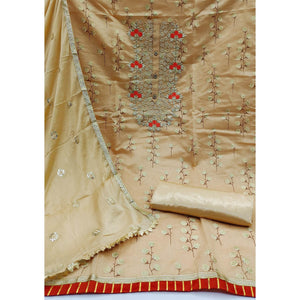 Beige Festive Wear Embroidered Handwork Fancy Dress Material - Peachmode