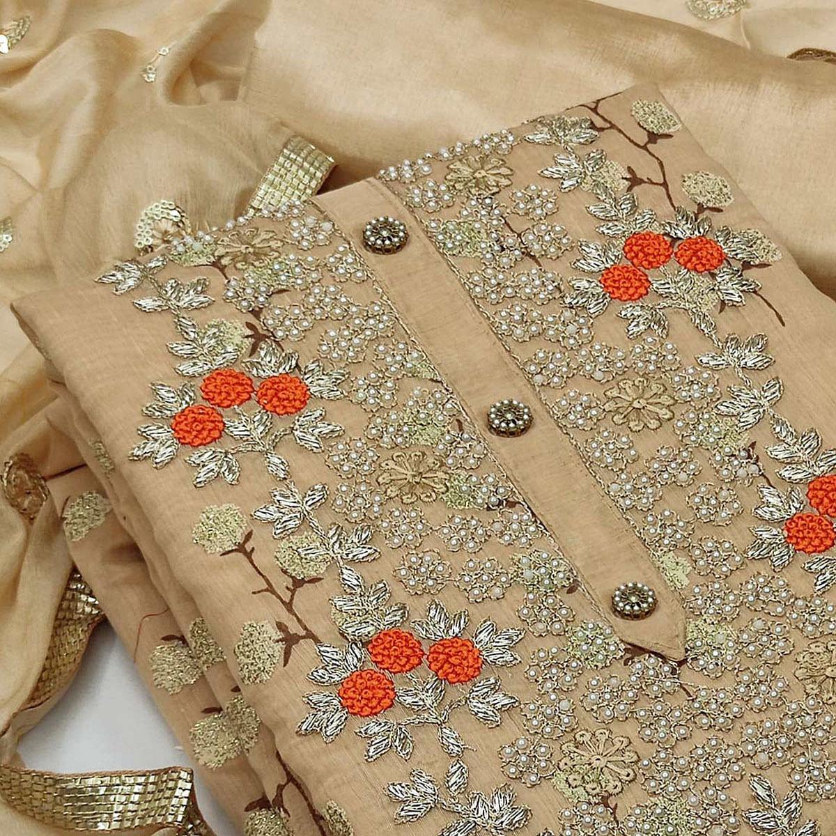 Beige Festive Wear Embroidered Handwork Fancy Dress Material - Peachmode