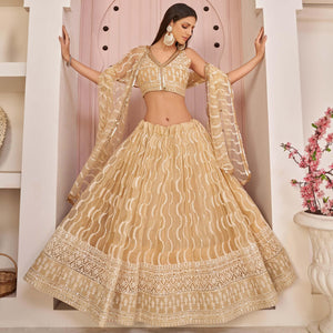 Beige Festive Wear Embroidered Mono Net Lehenga Choli - Peachmode