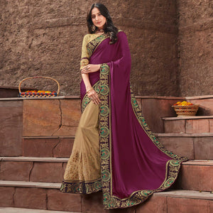 Beige Festive Wear Embroidered Silk Saree - Peachmode